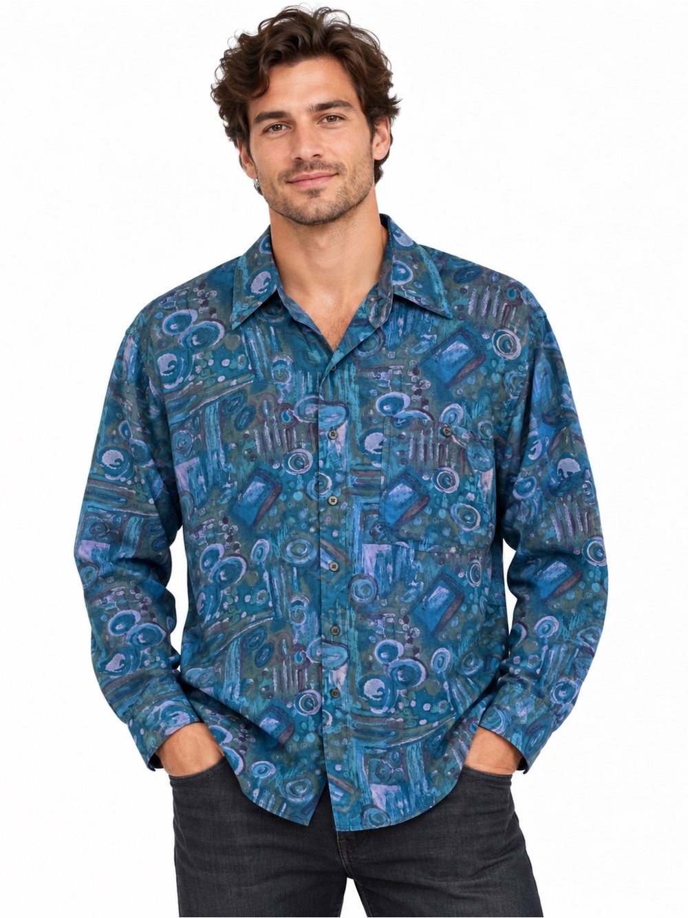 My Silk Vintage 100% Pure Silk Shirt M Abstract Teal Blue Purple Button Front